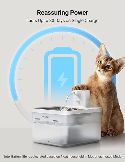 DownyPaws Cat Water Fountain Cordless, Pet Fountain, 84oz/2.5L, White Pro | Wireless Cat Drinking Water Fountains for Cats Indoor, Fursink , Battery Operated, Motion Sensor, Ultra Quiet Pump, BPA-Free