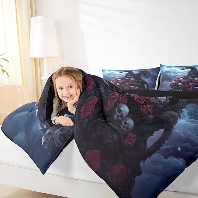 Castle Fairy Dragon Comforter Set Toddler Size,Halloween Skull Bedding Set for Kids Teens Bedroom,Romantic Red Rose Down Comforter,2 Pcs 1 Pillowcase