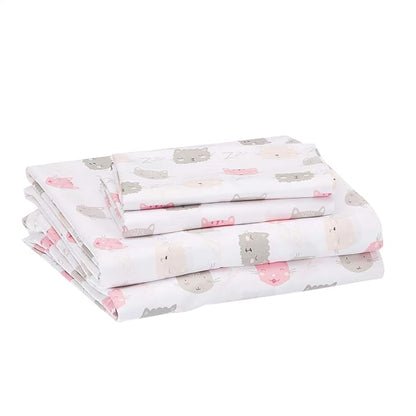 Amazon Basics 4 Piece Kid's Soft Easy-Wash Lightweight Microfiber Sheet Set, Full, Pink Kitties, Animal Print