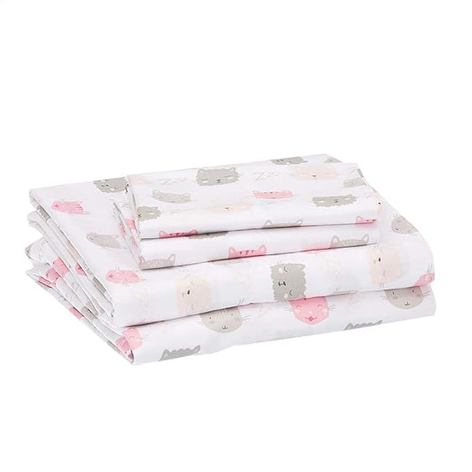 Amazon Basics 4 Piece Kid's Soft Easy-Wash Lightweight Microfiber Sheet Set, Full, Pink Kitties, Animal Print