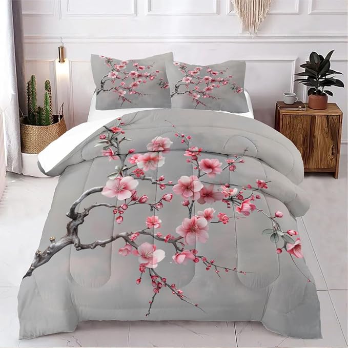 Cherry Blossom Comforter Set Queen Japanese Style Gray and Pink Floral Bedding Set Japan Bedroom Deccor Bedding Aesthetic Flower Branch Pattern, Ultra Soft Lightweight Comforter Sets