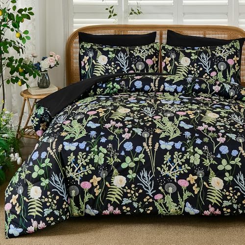 Full Size Comforter Set, Black Green Floral Bedding Comforter Set 7 Piece