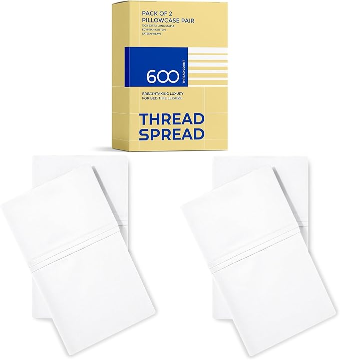 Thread Spread 100% Egyptian Cotton King Size Pillow Cases Set of 4 - Luxury 600 Series Bliss Collection Pillow Cases King Size (Pack of 2, White), Hotel Cotton Pillowcases, Sateen Finish