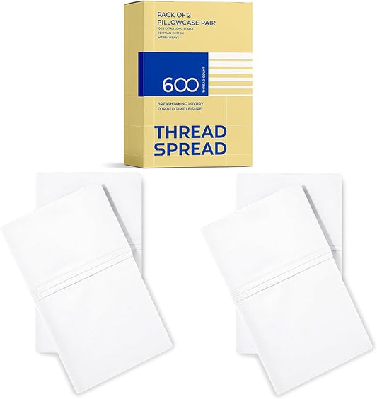 Thread Spread 100% Egyptian Cotton King Size Pillow Cases Set of 4 - Luxury 600 Series Bliss Collection Pillow Cases King Size (Pack of 2, White), Hotel Cotton Pillowcases, Sateen Finish
