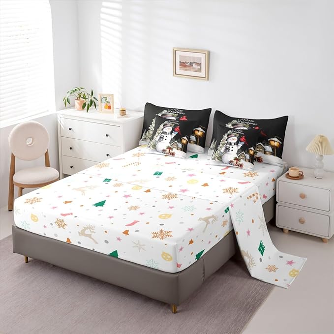 Castle Fairy Xmas Snowman Reversible 7 Pieces Comforter Set,Funny Christmas Trees Bed Sheet Set for Kids Teens Boys,Exotic Bird Winter Cabin Decor Bedding Set with Comforter,Fitted & Flat Sheet,King