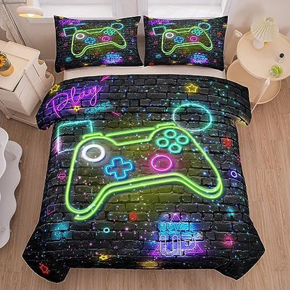 MWMWMW 5 Piece Gaming Comforter Sets for Boys, Boys Queen Size Bedding Sets, Gamer Bedding Set for Kids Girls with 1 Flat Sheet, 1 Fitted Sheet, 2 Pillowcases and 1 Comforter