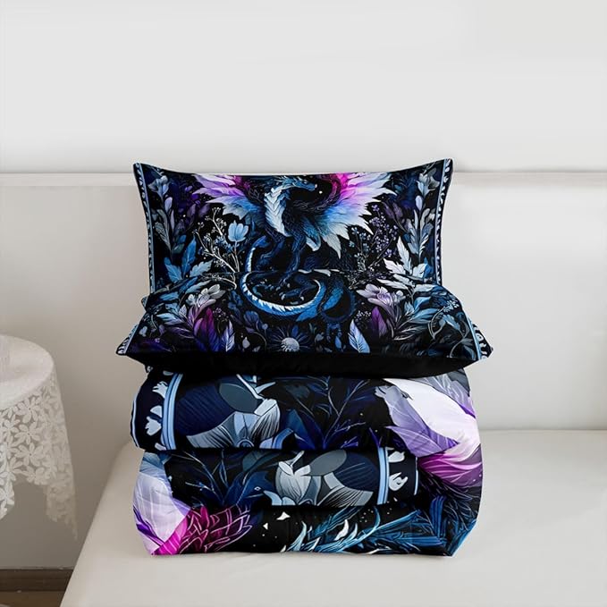 Feelyou Dragon Bedding Set Soft for Boys Girls, Wild Life Comforter Set Queen Size Jungle Dragon Duvet Quilt Microfiber Wild Animal Bedroom Decor Dark Blue 3 Pcs with 2 Pillow Cases