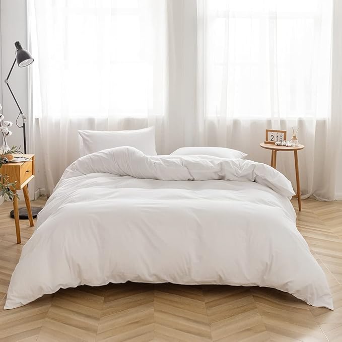 FACE TWO FACE Bedding Duvet Cover Set100% Washed Cotton Duvet Cover Linen Like Textured Breathable Durable Soft Comfy(California King, White)