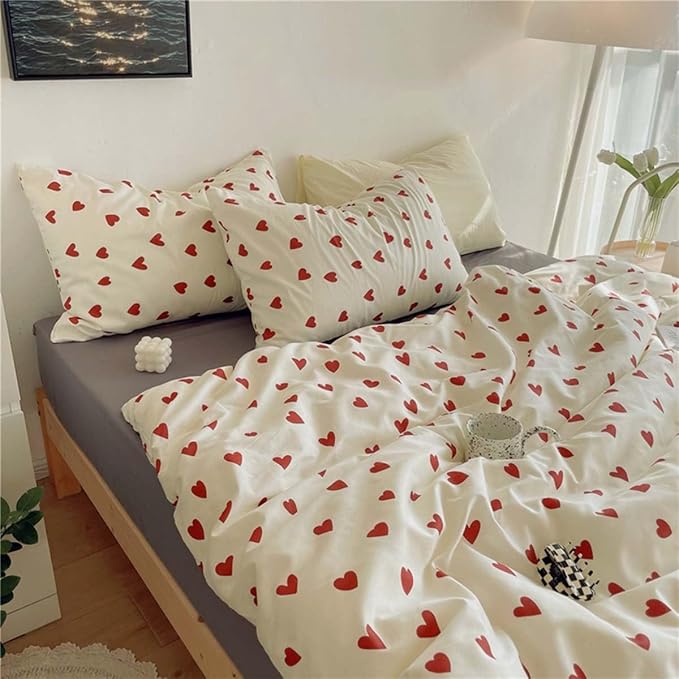 Nayoroom Heart Duvet Cover Twin Size Cute Red Love Heart Printed on White Bedding Set 2Pcs Kids Girls Kawaii Heart-Shaped Pattern Comforter Cover with Zipper Closure Soft Breathable Microfiber
