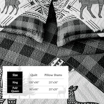 3 Piece Cabin King Size Quilt Sets Farmhouse Rustic Reversible Microfiber Soft Lightweight Bedspread Comforter with 2 Shams Patchwork Country Lodge Bedding Quilts Set for All Season, 106''x96'', Grey