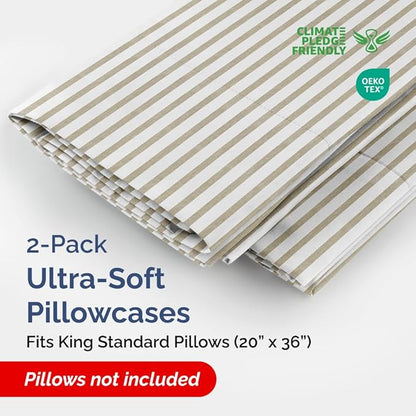 King Standard Pillow Cases Set of 2 - Ultra-Soft Hotel Quality Pillowcase Covers - Comfy, Cozy & Fade Free - Wrinkle Resistant - Machine Washable Pillow Protectors - 2 Piece Set - Beige Stripes 2