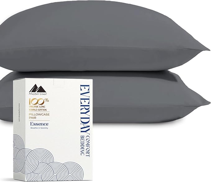 Mayfair Linen 100% Organic Cotton King Size Pillow Cases Set of 2 - Soft Hotel Quality Covers for King Size Pillows (Dark Grey), Authentic GOTS Certified, Crisp, Cooling Percale Cotton Pillowcases