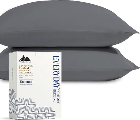 Mayfair Linen 100% Organic Cotton King Size Pillow Cases Set of 2 - Soft Hotel Quality Covers for King Size Pillows (Dark Grey), Authentic GOTS Certified, Crisp, Cooling Percale Cotton Pillowcases