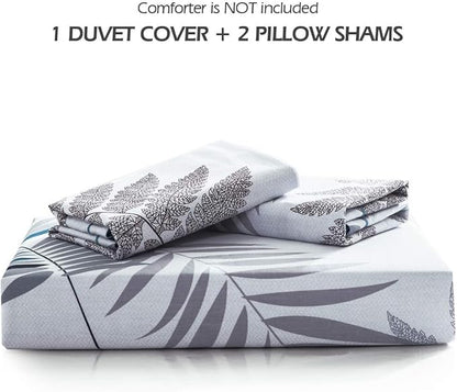 Duvet Cover Set, 600 Thread Count Cotton White Leaf Floral Pattern Print Reversible Comforter Cover Set (King, Peacock Blue-Leaf)