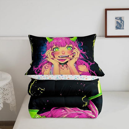 Erosebridal Anime Girl Comforter Set Toddler Size, Japanese Anime Bedding Set for Kids Boys Teens Bedroom Decor, Cartoon Girl Quilt Kawaii Japanese Animation Duvet Insert with 1 Pillow Case