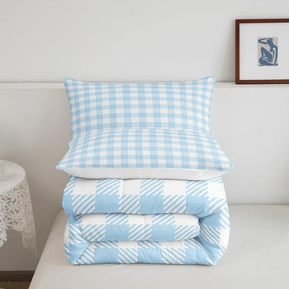 Manfei Blue Plaid Bedding Set King Size Buffalo Check Plaid Comforter Classic Gingham Pattern Comforter Set Blue White Scottish Duvet Set 3Pcs Quilt Set 1 Comforter Set with 2 Pillowcase