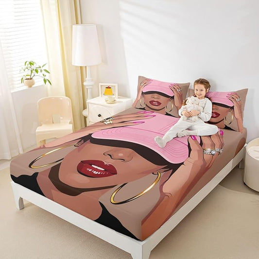 Erosebridal Black Girls Queen Size Bed Sheets Fashion Black Woman Fitted Sheet for Girls Kids Vogue Fashionable Gorgeous Bedding Set for Teens Children Women African Princess Magical Sheets