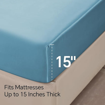 BEDELITE Satin Sheets Queen Size Bed Set, Luxury Soft Airy Blue Silky Sheets for Hair and Skin, Similar to Silk Bed Sheets Set 4 Pieces with 1 Deep Pocket Fitted Sheet, 1 Flat Sheet, and 2 Pillowcases
