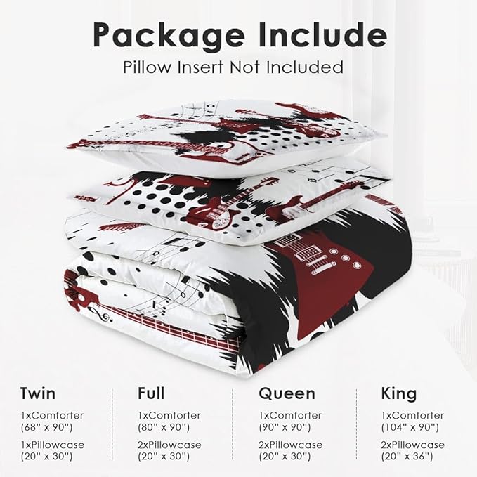 King Size Comforter Set with 2 Pillowcases, Guitar Rock Music 3 Pcs Bedding for Kids and Adults, Musical Play Soft Comforter Set for Bedroom Bed Decor