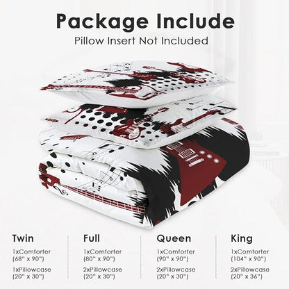 King Size Comforter Set with 2 Pillowcases, Guitar Rock Music 3 Pcs Bedding for Kids and Adults, Musical Play Soft Comforter Set for Bedroom Bed Decor