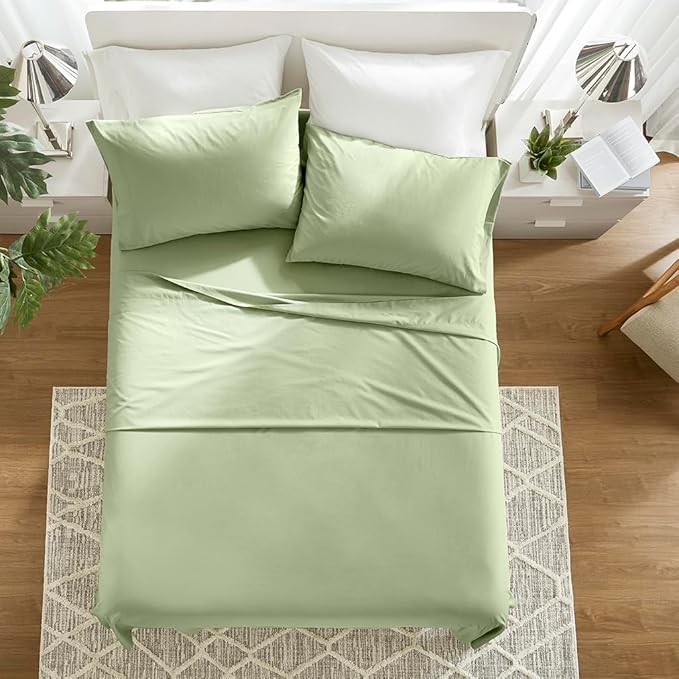 Comfort Spaces 100% Cotton Sheets Queen, Breathable & Soft Cotton Sheets, Naturally Cool Cotton Bed Sheets with 14" Elastic Pocket Fits up to 16" Mattress, All Seasons Sheet Set, Sage Green 4 Piece