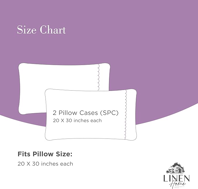 Linen Home 100% Cotton Percale Moon Scallop Hem Pillowcases Queen/Standard Size, Mauve Lavender, 2 Pieces of Pillow Case, Crisp and Cool Strong Bed Linen, 20 inches X 30 inches