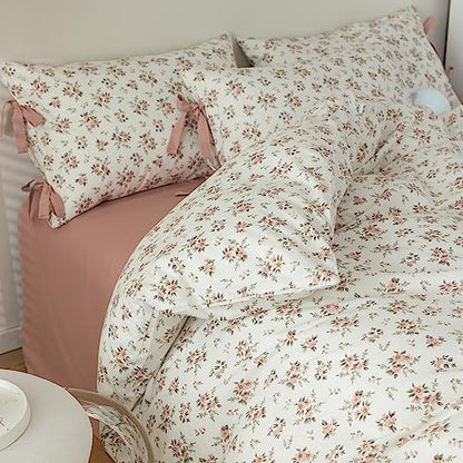 LifeTB Pink Floral Duvet Cover Queen 100% Cotton Flower Duvet Cover Girls Cottagecore Bedding Set Vintage Garden Style Aesthetic Bedding Floral Comforter Cover Botanical Bedding Cover Queen Size