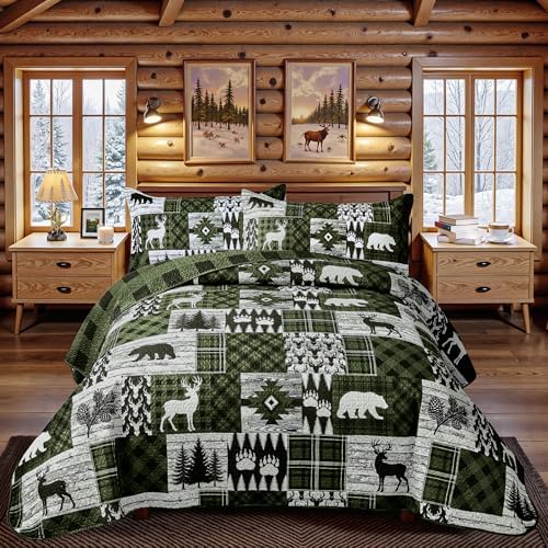 3 Piece Cabin Quilt Sets California King Size Farmhouse Rustic Reversible Microfiber Soft Lightweight Bedspread Comforter with 2 Shams Patchwork Bedding Quilts Set for All Season, 118''x106'', Green