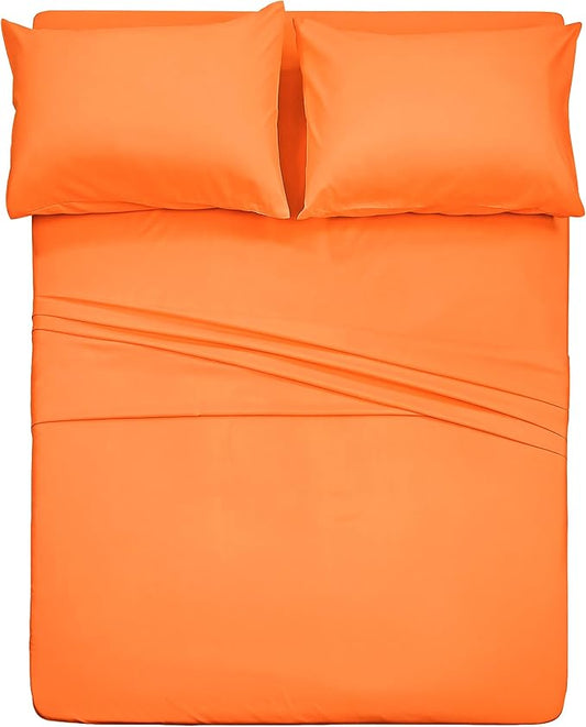 4 Piece Bed Sheet Set (Full,Orange) 1 Flat Sheet,1 Fitted Sheet and 2 Pillow Cases,Brushed Microfiber Luxury Bedding with Deep Pockets