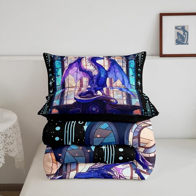 Feelyou Dragon Comforter Set Toddler Size Dragon Stuff Comforter for Boys Girls Teens Modern Bedding Set Dragon Decor Duvet Set Room Decor Purple Quilt Set