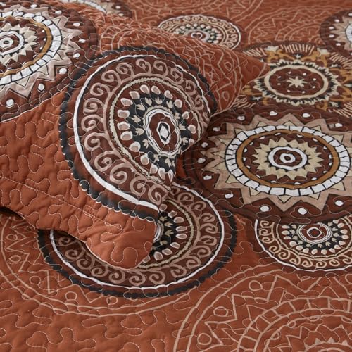 LEAONME 3-Piece Full Queen Size Burnt Orange Rust Quilt Set Lightweight Oversized Bedspread 90''x98'' Soft Microfiber Floral Coverlet Luxurious Warm Bed Cover for All Seasons (1 Quilt, 2 Pillow Shams)