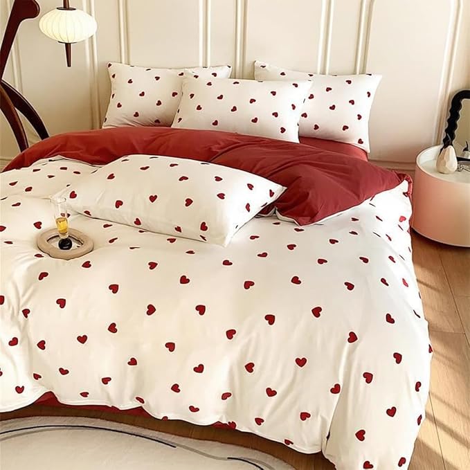 White Twin Comforter Set - Red Heart Quilt Bedding Set 2 Pieces, Comforter Set Twin Size, Soft & Lightweight Comforter(68‘’ x 90‘’) for Girl All Season & 1 Pillowcase(30‘’x20‘’)