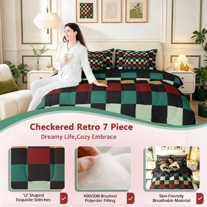 Checkered Retro Comforter Set With Sheets 7 Piece King Size Green Red Yellow Plaid Bedding Set for Kids Boys Girls Geometric Vintage Bed in a Bag Modern Simple Groovy Aesthetic Room Decor Soft