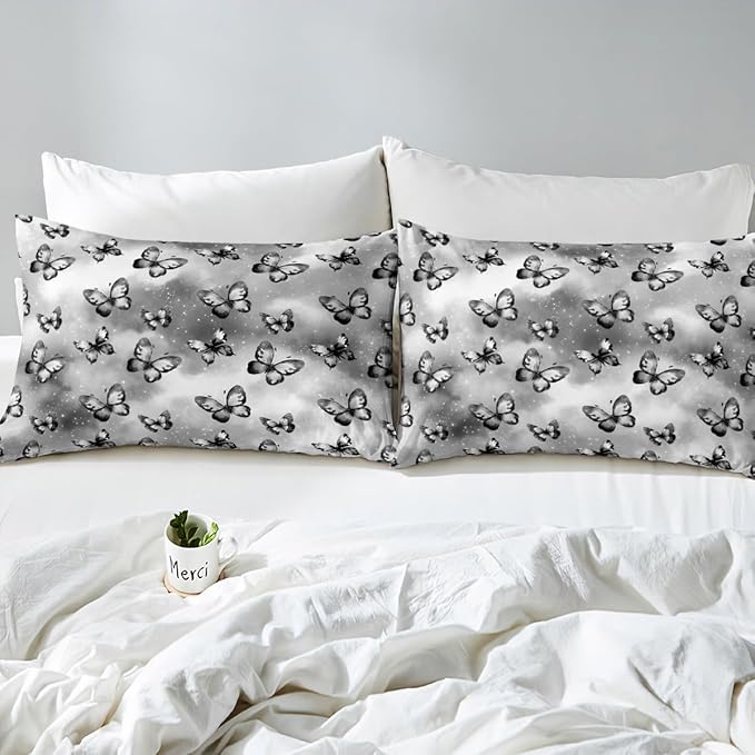 Erosebridal Butterfly Fitted Sheet for Boys Girls Kids Dreamy Coquette Twin Bed Sheets,Watercolor Gradient Grey Butterfly Sheets Galaxy Stars Print Bedding Sets, No Top Sheet