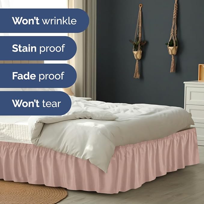 Wrap Around Dust Ruffle Bed Skirt - Mauve - for Queen Size Beds w/ 12 Inch Drop - Easy Fit Elastic Strap - Adjustable Pleated Bedskirt w/Brushed Fabric - Wrinkle Free - for Women, Men, Kids & Teens