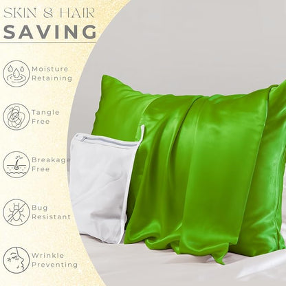 PROMEED 23 Momme Silk Toddler Pillowcase 2 Pack with Free Laundry Bag, Natural Highest Grade 6A+ 100% Mulberry Silk Pillow Case Set of 2, Zipper (Toddler/Travel 13"x18", Green)