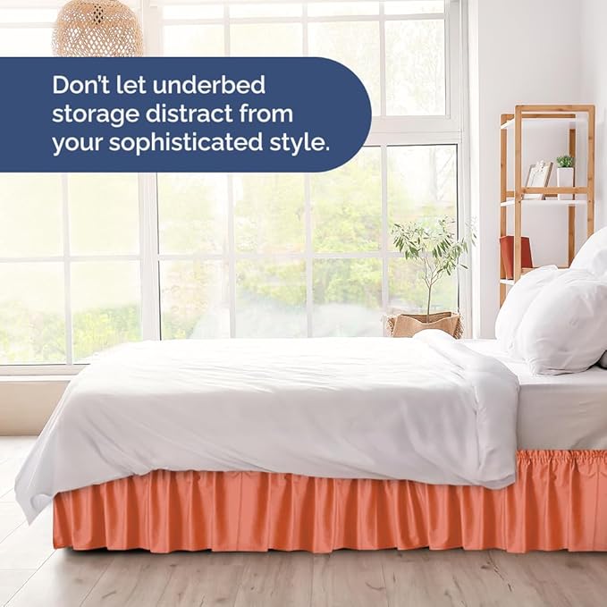 Wrap Around Dust Ruffle Bed Skirt - Coral - for Queen Size Beds with 12 Inch Drop - Easy Fit Elastic Strap - Adjustable Pleated Bedskirt w/Brushed Fabric - Wrinkle Free - for Women, Men, Kids & Teens