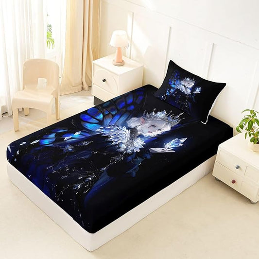 Erosebridal Gothic Girls Fitted Sheet for Boys Girls Kids A Girl Wearing A Crown Twin Bed Sheets,Butterfly Diamond Feather Print Sheets Coquette Princess Bedding Sets, No Top Sheet