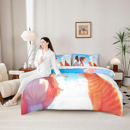 Erosebridal Japanese Anime Kids Bed in A Bag Cute Cartoon Girl Bedding Set Black Cat Animal King Comforter Set 7 Piece Romantic Aesthetic Girly Sheet Set with Comforter