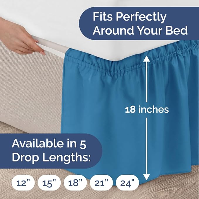 Wrap Around Dust Ruffle Bed Skirt - Denim Blue - for King Size Beds with 18 Inch Drop - Elastic Strap - Adjustable Pleated Bedskirt with Brushed Fabric and Wrinkle Free - for Women, Men, Kids & Teens