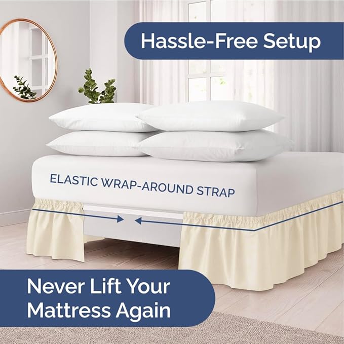 Wrap Around Dust Ruffle Bed Skirt - Off White - for Queen Size Beds w/ 12 Inch Drop - Easy Fit Elastic Strap - Adjustable Pleated Bedskirt w/Brushed Fabric - Wrinkle Free - Women, Men, Kids & Teens
