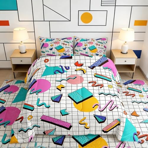 Manfei Memphis Comforter Set Twin Size, Retro 80s or 90s Geometric Fashion Style Quilt Set with 1 Pillowcase, Vintage Hip Hop Bedding Set 2pcs for Kids Boy Girls Lightweight Duvet Insert