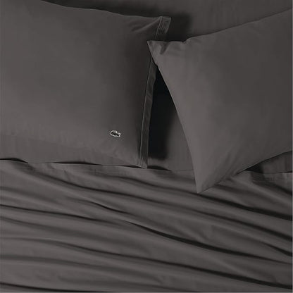 Lacoste 100% Cotton Percale 4-Piece Sheet Set – Cool, Crisp, Matte, and Durable, Oeko-Tex Certified – Solid, Dark Gray, Full