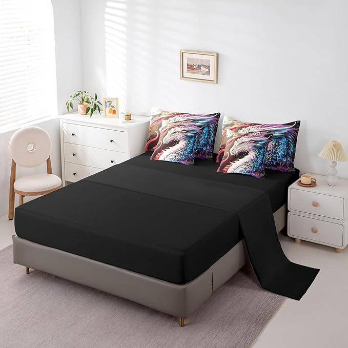 Erosebridal Colourful Dragon Comforter Set 7 Piece Bed in a Bag Twin,Gothic Artistic Mythical Animal Bedding Sets Antique Wildlife Sheet Set with Comforter