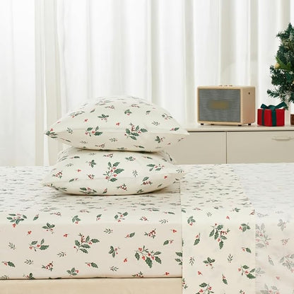 DAUAOTO 100% Cotton Bedding Christmas Printed Sheets Set for Full Size Bed Up to 14" Deep Mattress, Bedlinen Sets Holly Berries Pattern