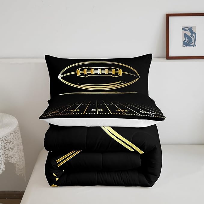 Feelyou Football Bedding Set Queen Kids Rugby Sports Comforter Set American Football Comforter Set for Boys Golden Black Room Decor Lightweight Quilt Set with 2 Pillow Case