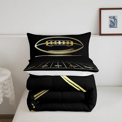 Feelyou Football Bedding Set King Kids Rugby Sports Comforter Set American Football Comforter Set for Boys Golden Black Room Decor Quilt with 2 Pillow Case Boys