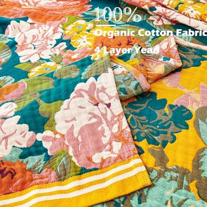 VANJOROY Boho Throw Blanket, 100% Organic Cotton Breathable Ultra Soft 80" x 90" Bed Quilt Throw - All Season Floral Rustic Farmhouse Decor Luxury Reversible Blanket for Sofa Couch Chair and Gift