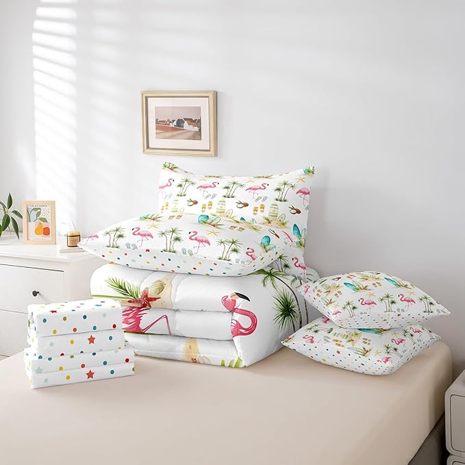 Summer Seaside Beach Reversible 7 Pieces Comforter Set,Tropical Coconut Tree Bed Sheet Set for Kids Teens Boys,Hawaiian Flamingo Surfboard Bedding Set with Comforter,Fitted & Flat Sheet,Full