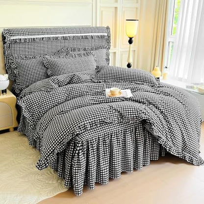 LifeTB Black Gingham Comforter Set King Ruffle Checkered Plaid Comforter Set 3 Pieces Boho Grid Bed Comforter with 2 Pillowcases Fluffy Soft Vintage Checkered Lightweight Gingham Bedding Set King